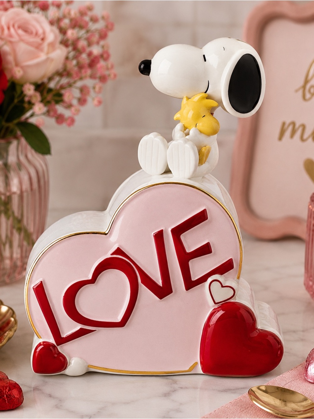 Lenox Peanuts Snoopy Woodstock LOVE Candy Jar 24K Gold NIB.